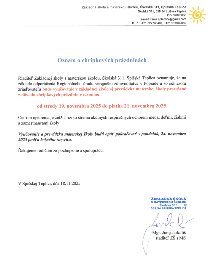 Oznam o chrípkových prázdninách - Obrázok 1