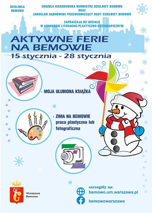 Plakat reklamujący konkurs: "Bezpieczne ferie na Bemowie".
