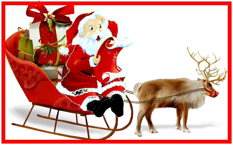 Obrazek przedstawia św. Mikołaja siedzącego na saniach pełnych prezentów. Mikołaj czyta list, przed saniami stoi renifer.