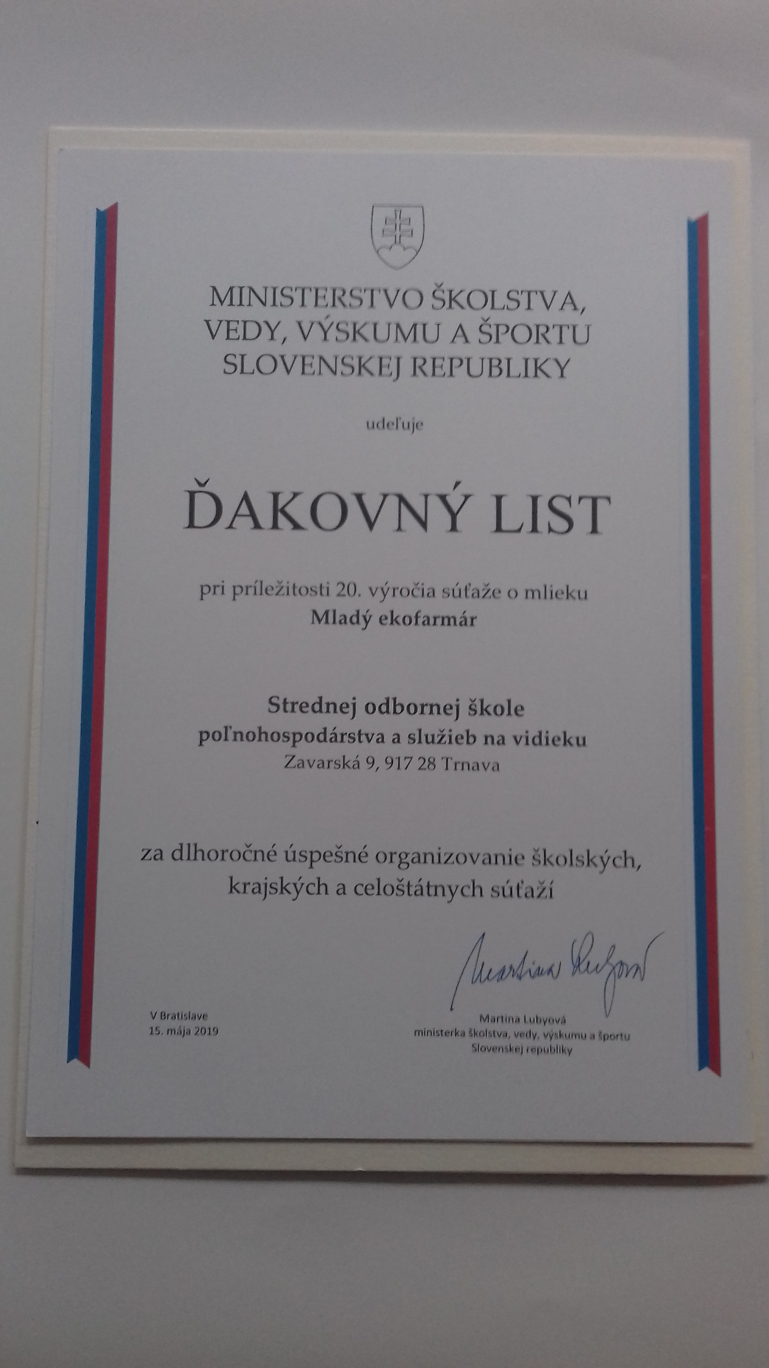 SOŠPaSV, Zavarská 9, Trnava, dostala ocenenie od ministerky školstva, vedy, výskumu a športu SR - Obrázok 2