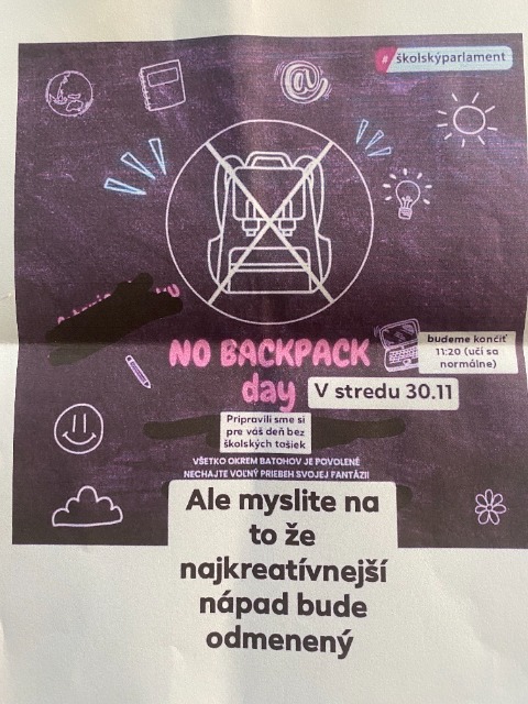 NO BACKPACK DAY - zážitková aktivita formujúceho sa školského parlamentu - Obrázok 1
