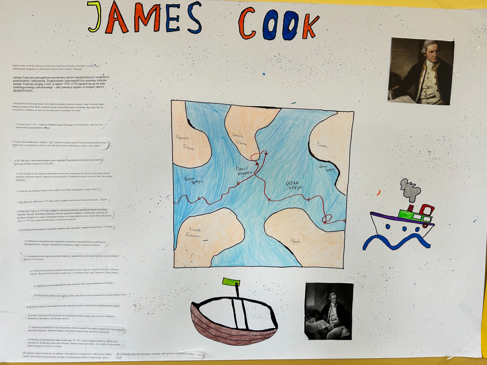 Projekt edukacyjny wykonany w grupach przez uczniów klasy V A. Projekt z przedmiotu geografia - Wielcy Odkrywcy - James Cook. 