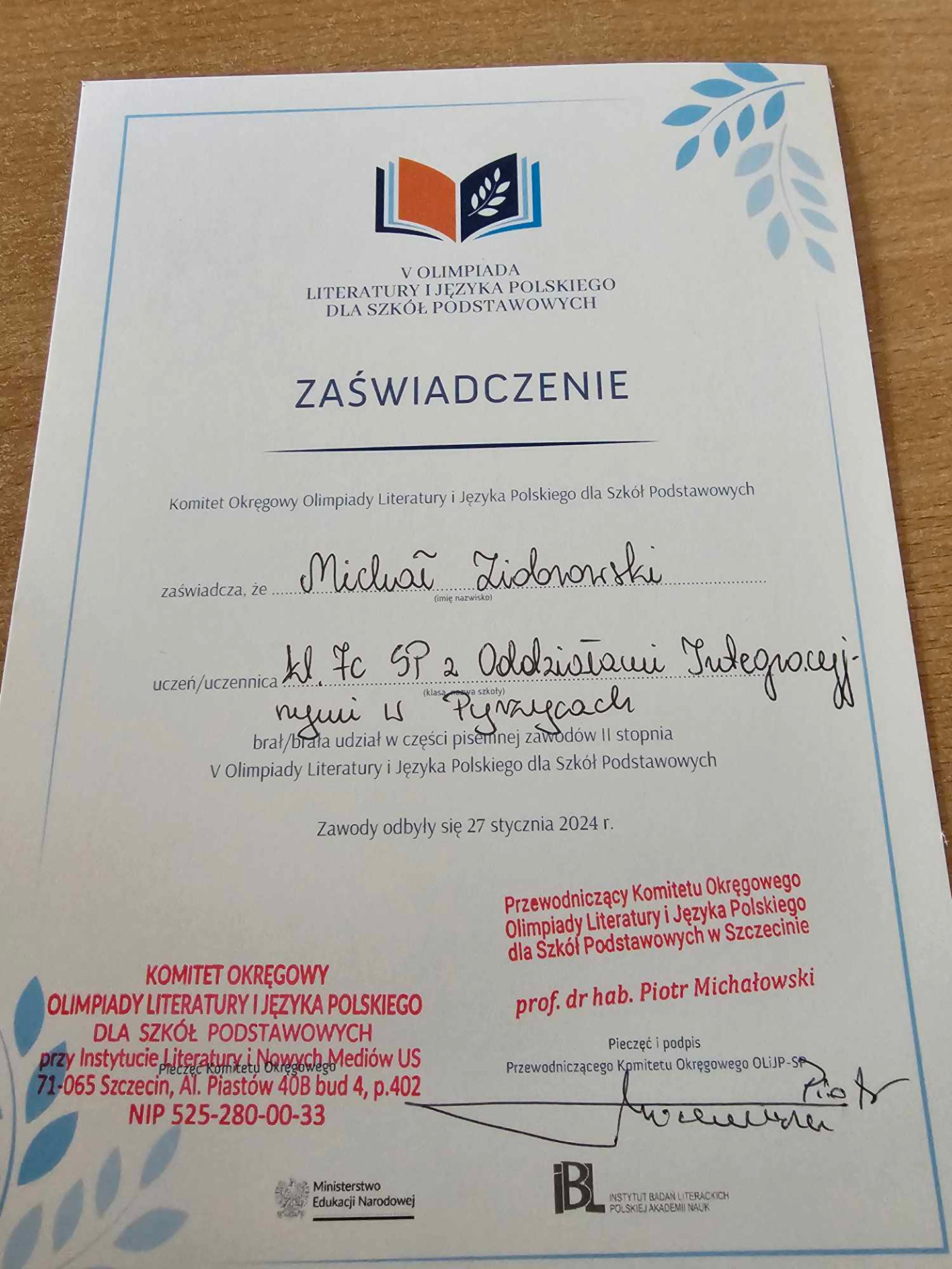 Zaświadczenie o udziale w Olimpiadzie Literatury i Języka Polskiego dla Michała Ziobrowskiego.