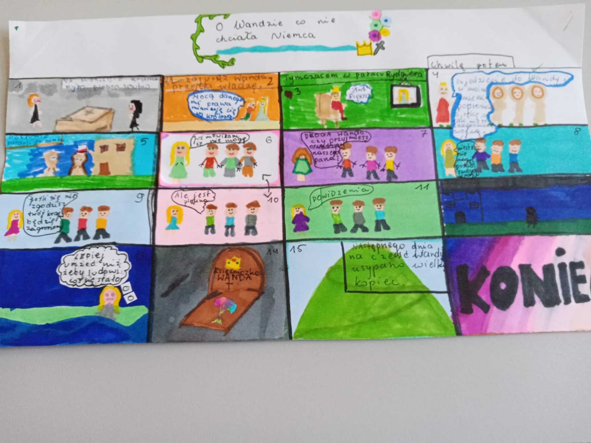 Uczniowie klasy 5 tworzyli na lekcjach języka polskiego komiksy o Wandzie, co nie chciała Niemca 👏❤️👏 - Obrazek 4