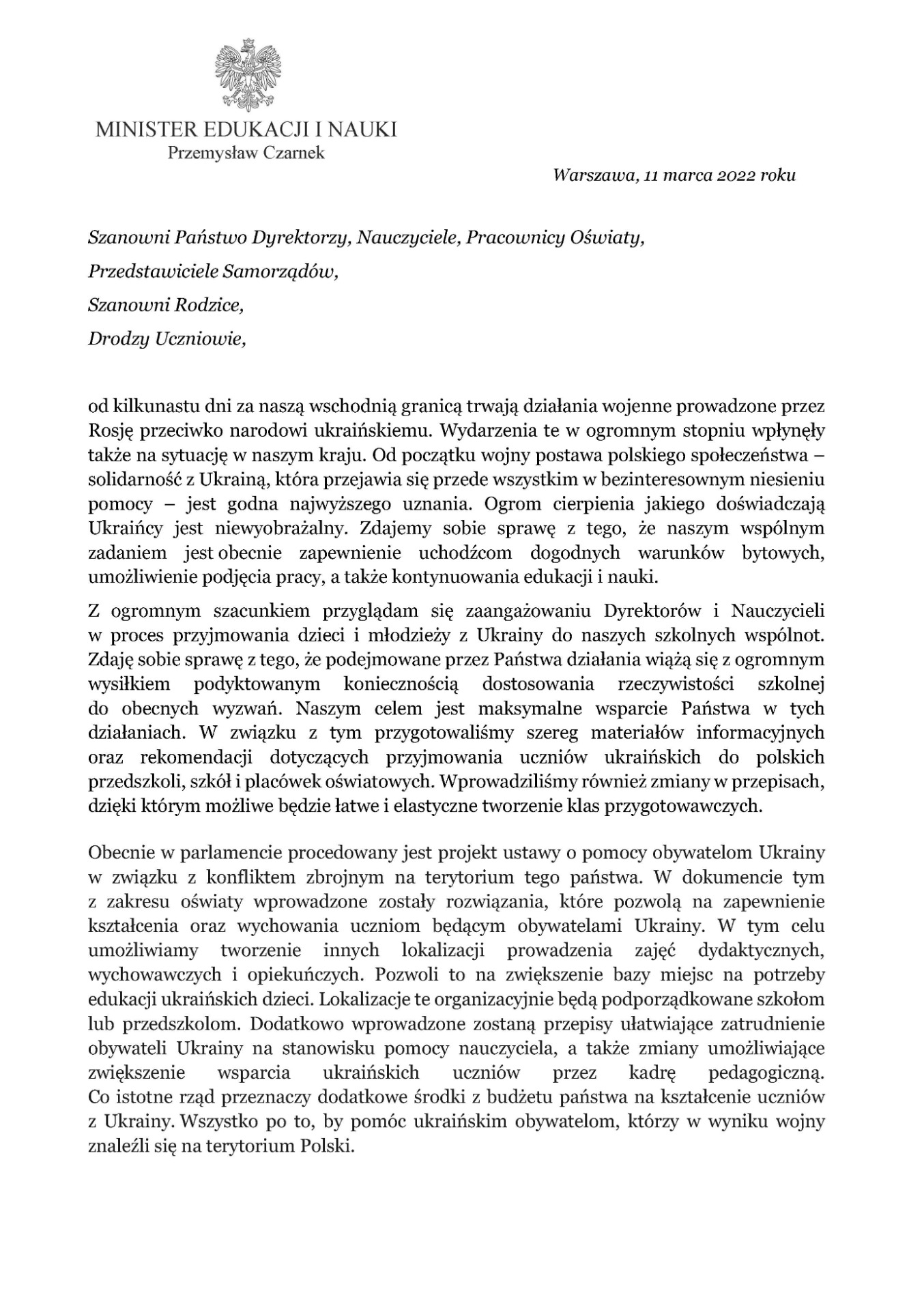 List Ministra Edukacji i Nauki dotyczący sytuacji na Ukrainie - Obrazek 1