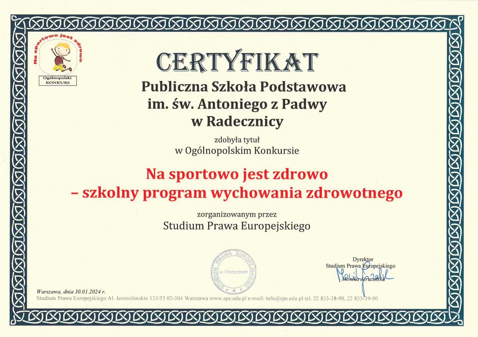 Certyfikat za udział w Ogólnopolskim Konkursie „Na sportowo jest zdrowo”  - Obrazek 1