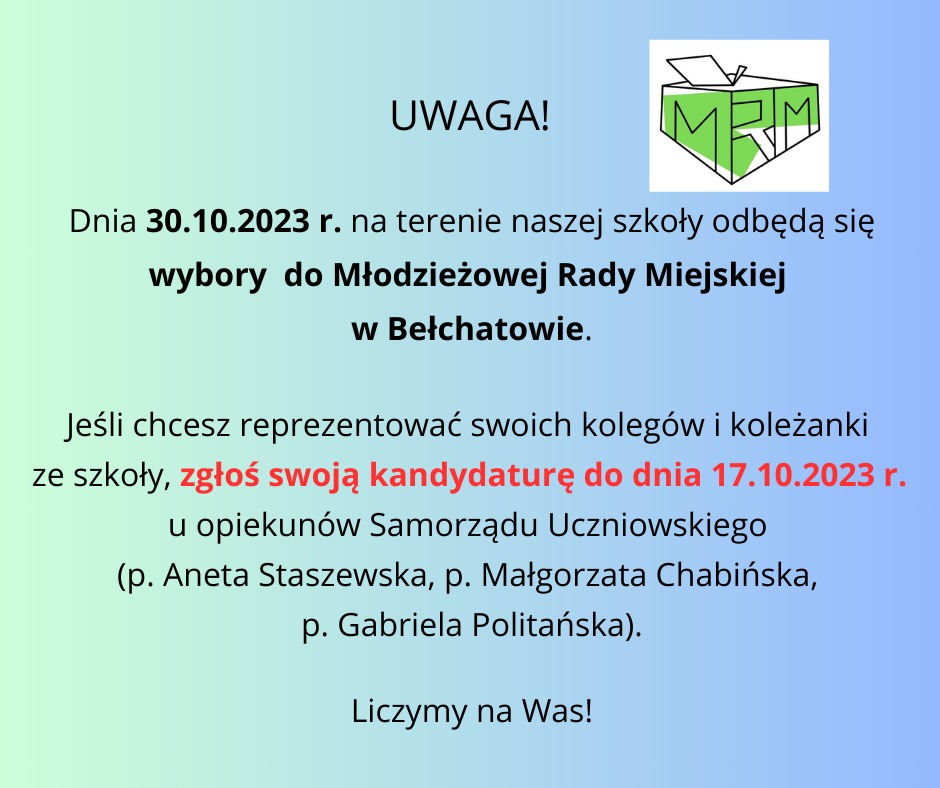 Ogłoszenie o wyborach do Młodzieżowej Rady Miasta w Bełchatowie