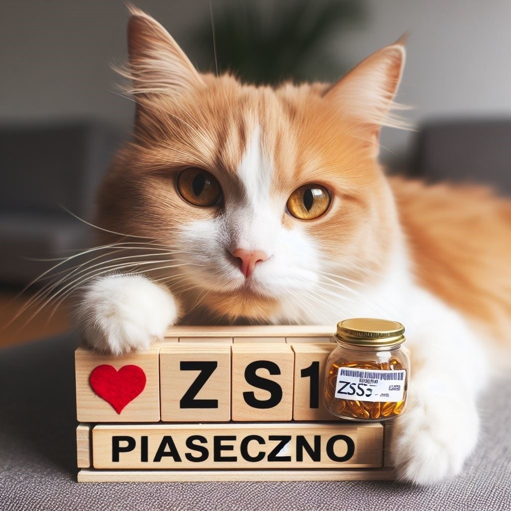Zdjęcie rudego kota przed kotem napis ułożony z klocków o treści ZS1 Piaseczno. Wygenerowane przez IA